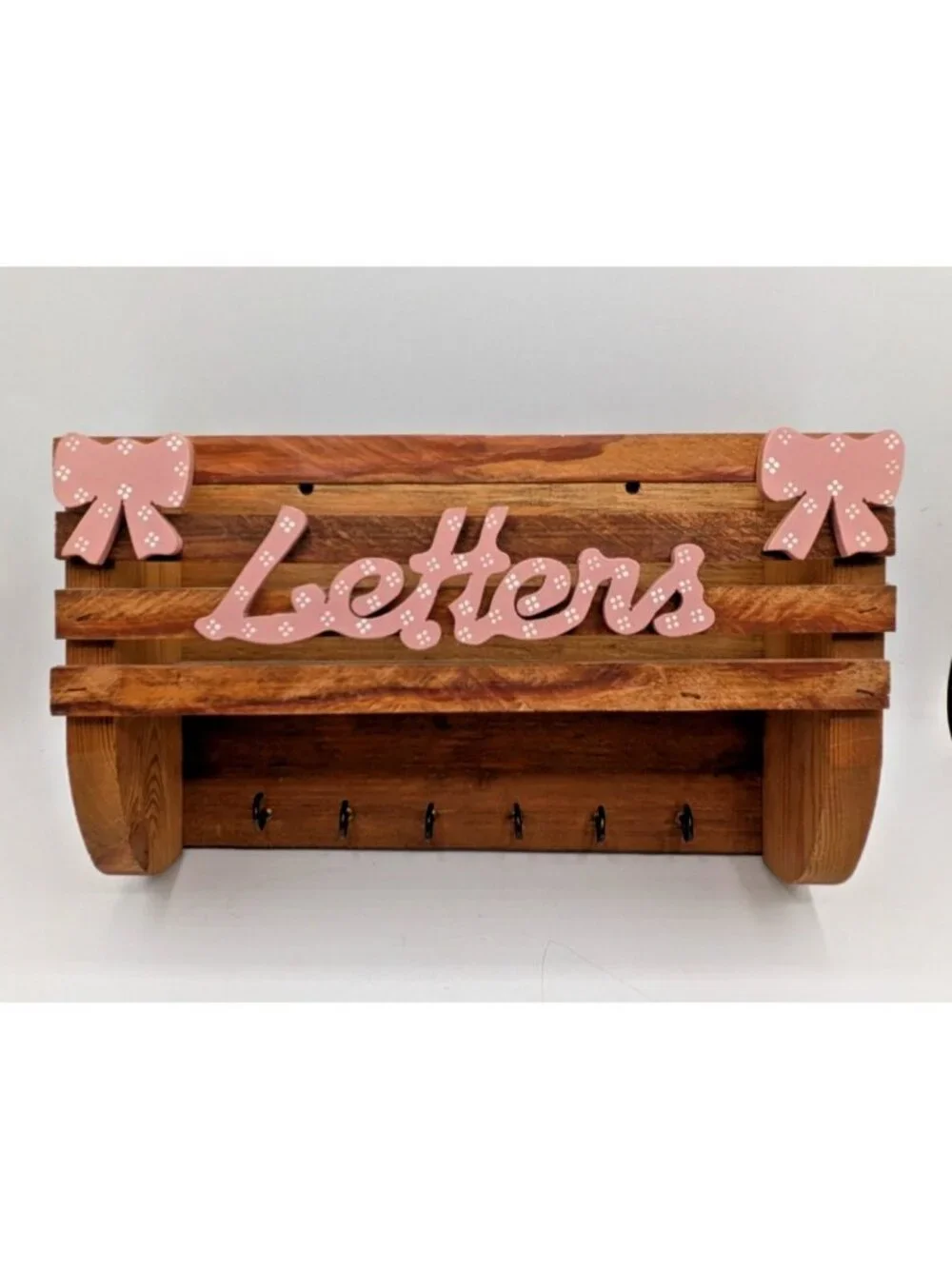 Vtg Wood Key Mail Letter Hanging Holder Rack Wall Mount 6 Hooks Pink Bows 12